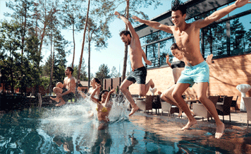 This image shows people jumping on the pool.