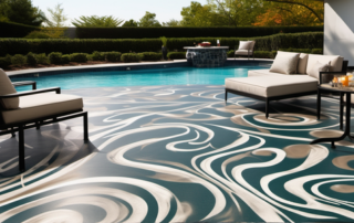 This image shows a pool deck that was resurfaced with metallic epoxy.