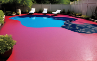 This image shows a pool deck with red metallic epoxy paint.